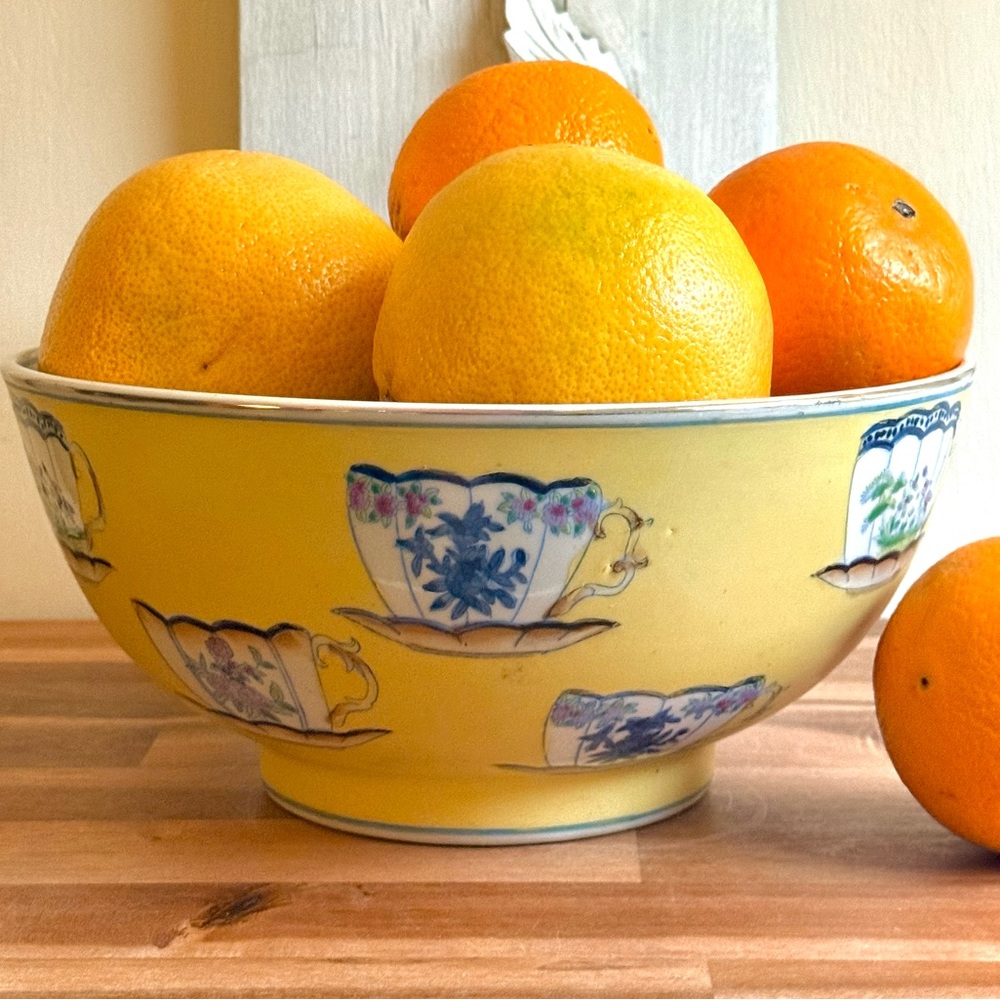 Vintage Chinese Pale Yellow Hand Painted Teacup Bowl, 10” - Picture 5 of 10